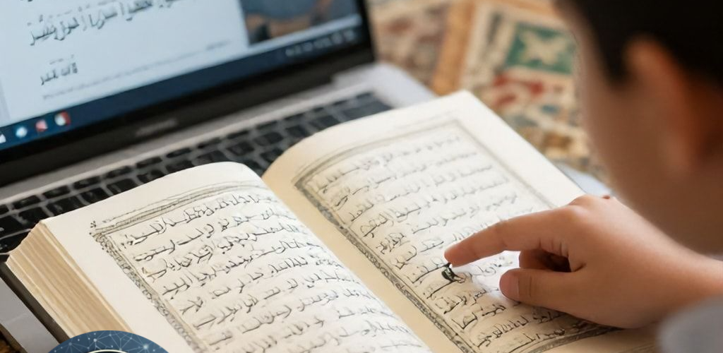 Child attending online Quran classes for kids while following Quran text with finger