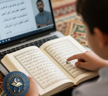 Child attending online Quran classes for kids while following Quran text with finger
