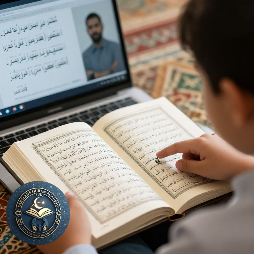 Child attending online Quran classes for kids while following Quran text with finger