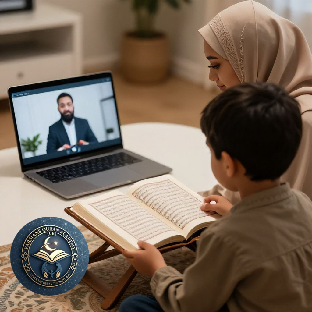 Parent observing child during online Quran class at home