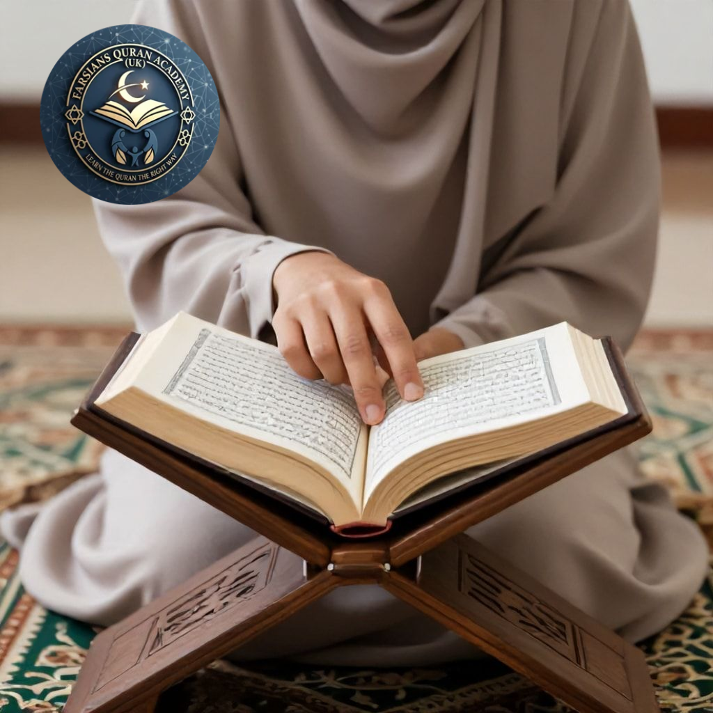 Online Hifz class for ladies with Quran on wooden stand